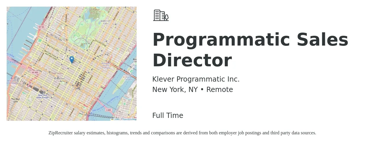 Klever Programmatic Inc. job posting for a Programmatic Sales Director in New York, NY with a salary of $77,300 to $137,100 Yearly with a map of New York location.
