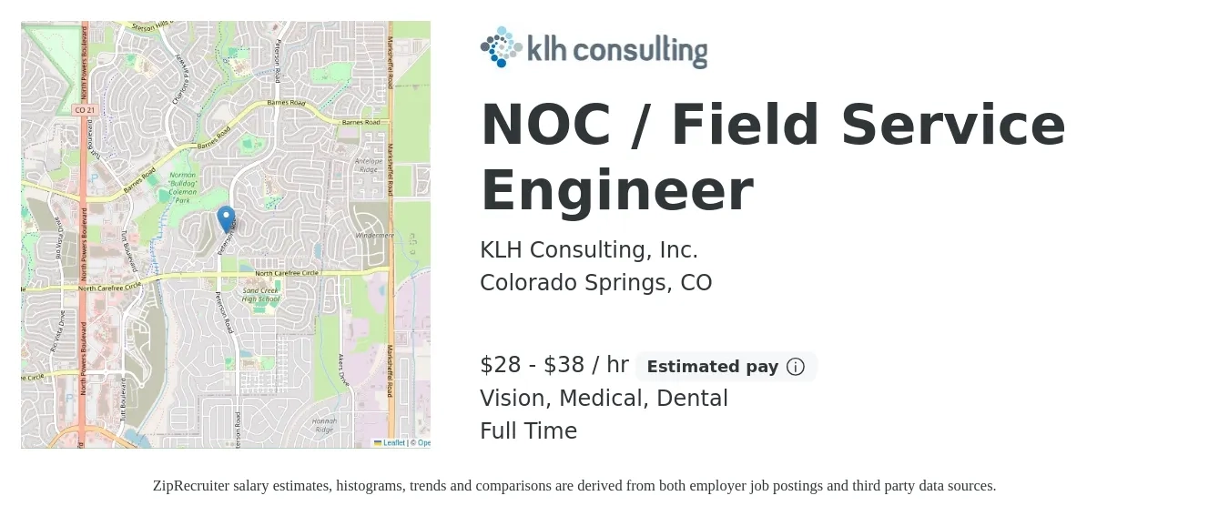 KLH Consulting, Inc. job posting for a NOC / Field Service Engineer in Colorado Springs, CO with a salary of $30 to $40 Hourly and benefits including dental, life_insurance, medical, pto, retirement, and vision with a map of Colorado Springs location.
