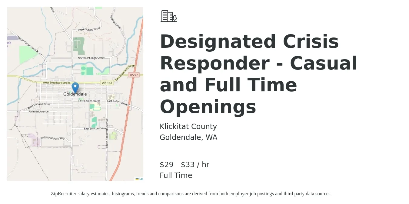 Klickitat County job posting for a Designated Crisis Responder - Casual and Full Time Openings in Goldendale, WA with a salary of $31 to $35 Hourly with a map of Goldendale location.