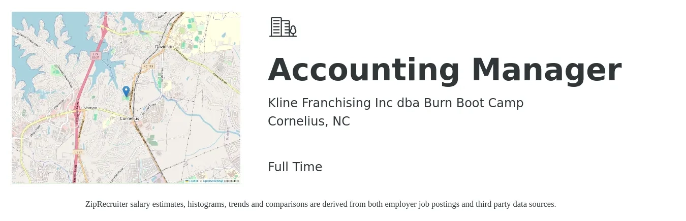 Kline Franchising Inc dba Burn Boot Camp job posting for a Accounting Manager in Cornelius, NC with a salary of $72,200 to $103,600 Yearly with a map of Cornelius location.