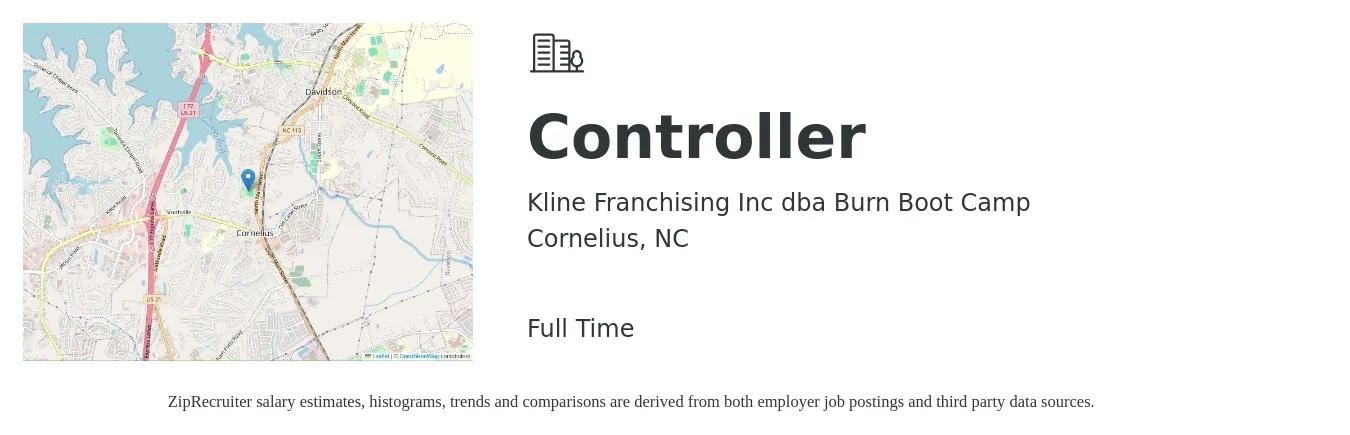 Kline Franchising Inc dba Burn Boot Camp job posting for a Controller in Cornelius, NC with a salary of $89,800 to $128,200 Yearly with a map of Cornelius location.