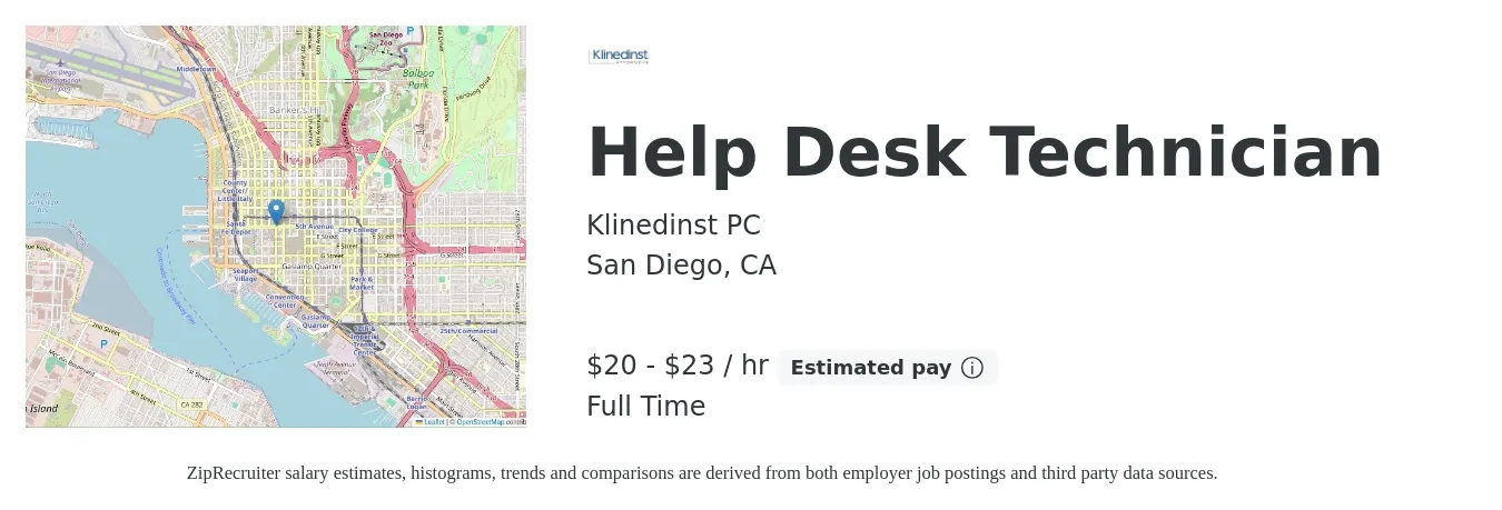 Klinedinst PC job posting for a Help Desk Technician in San Diego, CA with a salary of $22 to $24 Hourly with a map of San Diego location.