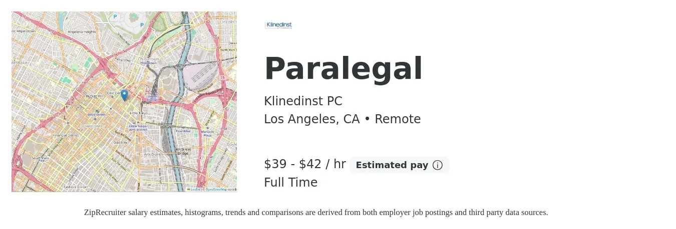 Klinedinst PC job posting for a Paralegal in Los Angeles, CA with a salary of $41 to $45 Hourly with a map of Los Angeles location.