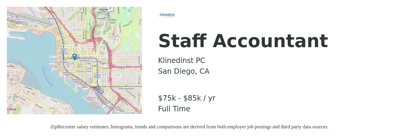 Klinedinst PC job posting for a Staff Accountant in San Diego, CA with a salary of $75,000 to $85,003 Yearly with a map of San Diego location.