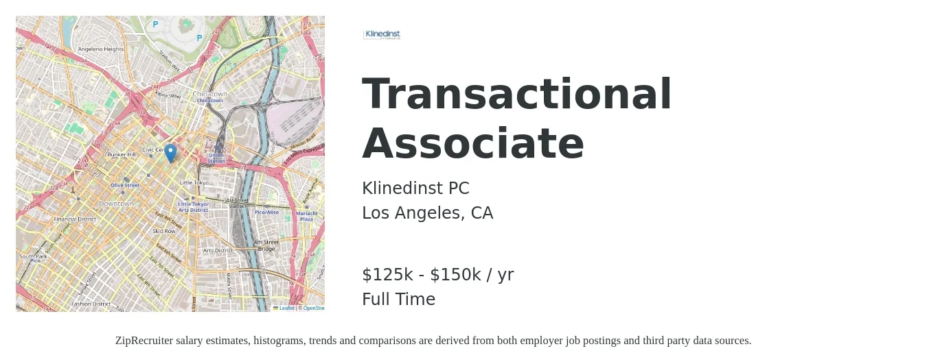 Klinedinst PC job posting for a Transactional Associate in Los Angeles, CA with a salary of $125,000 to $150,000 Yearly with a map of Los Angeles location.