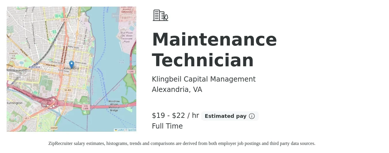 Klingbeil Capital Management job posting for a Maintenance Technician in Alexandria, VA with a salary of $20 to $23 Hourly with a map of Alexandria location.