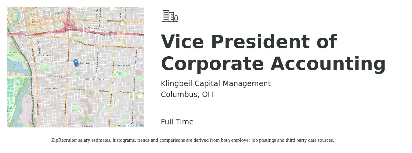 Klingbeil Capital Management job posting for a Vice President of Corporate Accounting in Columbus, OH with a salary of $131,800 to $191,700 Yearly with a map of Columbus location.