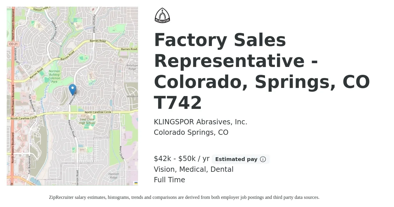 KLINGSPOR Abrasives, Inc. job posting for a Factory Sales Representative - Colorado, Springs, CO T742 in Colorado Springs, CO with a salary of $42,000 to $50,000 Yearly and benefits including dental, life_insurance, medical, retirement, and vision with a map of Colorado Springs location.