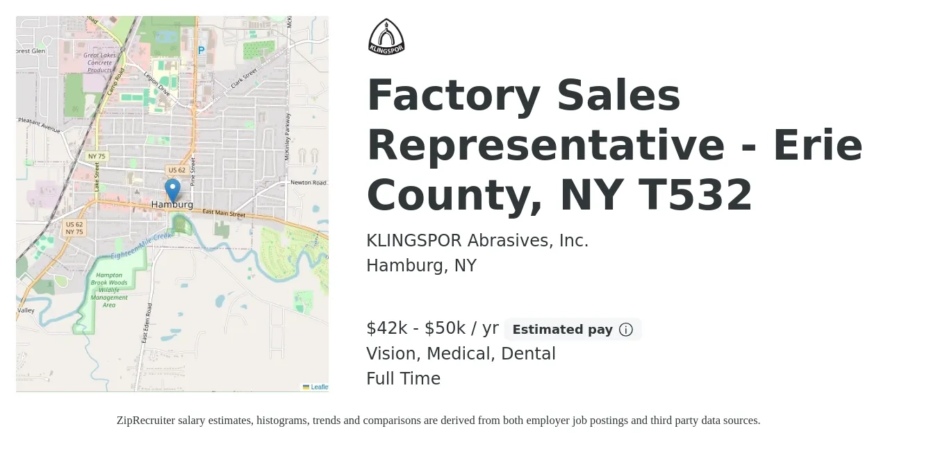 KLINGSPOR Abrasives, Inc. job posting for a Factory Sales Representative - Erie County, NY T532 in Hamburg, NY with a salary of $42,000 to $50,000 Yearly and benefits including dental, life_insurance, medical, pto, retirement, and vision with a map of Hamburg location.