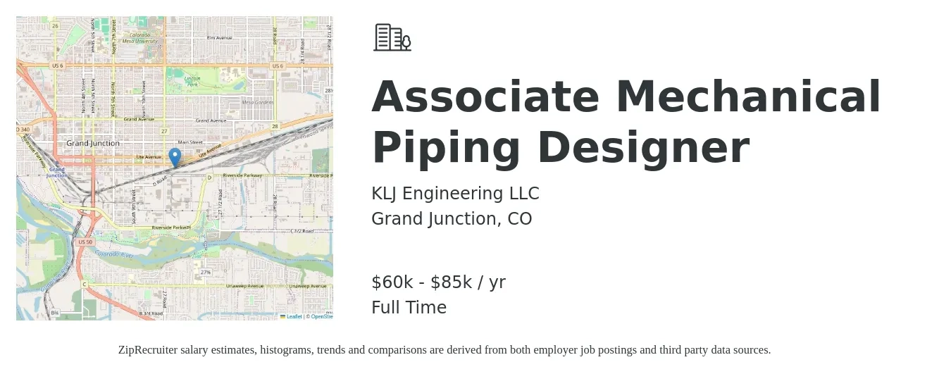 KLJ Engineering LLC job posting for a Associate Mechanical Piping Designer in Grand Junction, CO with a salary of $60,000 to $85,000 Yearly with a map of Grand Junction location.