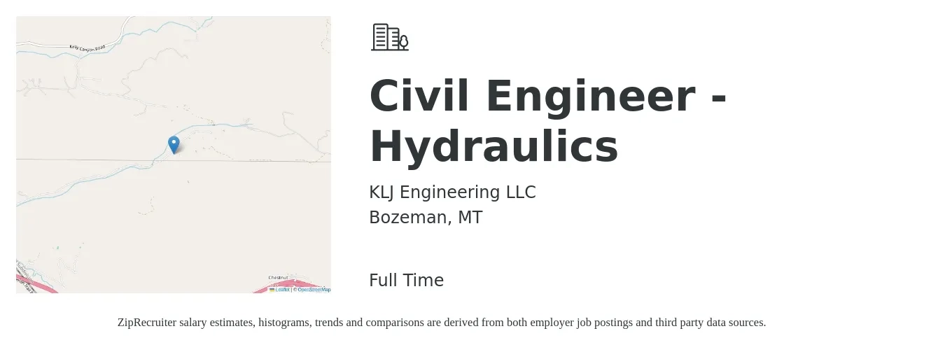 KLJ Engineering LLC job posting for a Civil Engineer - Hydraulics in Bozeman, MT with a salary of $70,300 to $102,600 Yearly with a map of Bozeman location.
