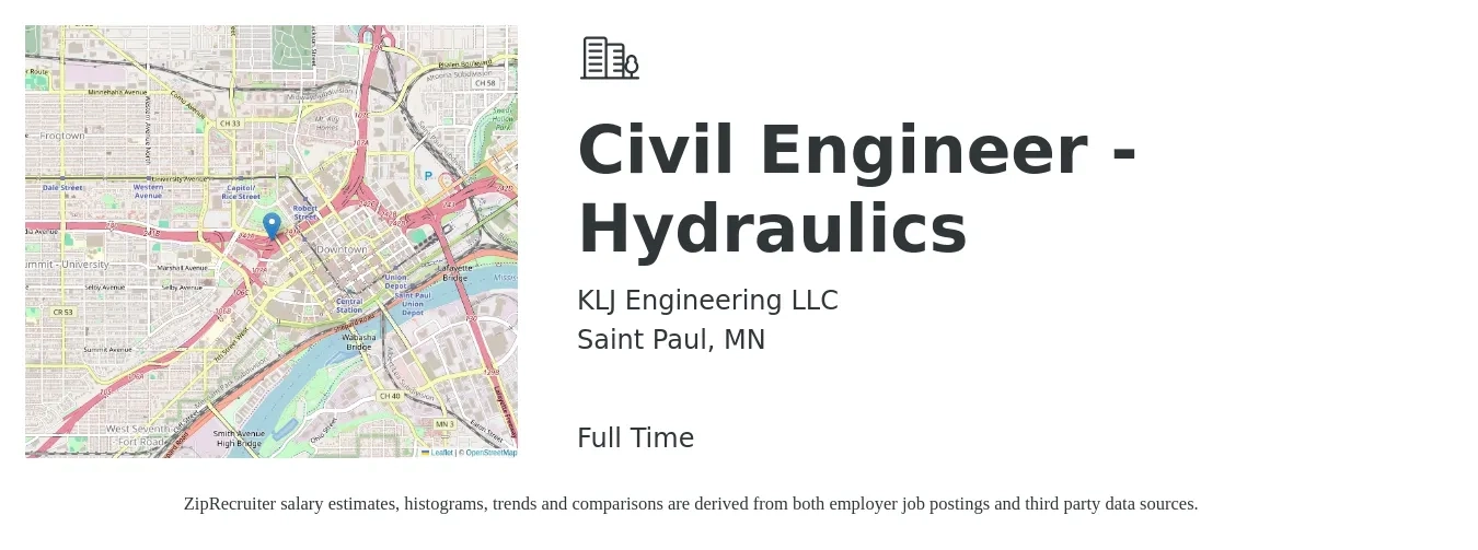KLJ Engineering LLC job posting for a Civil Engineer - Hydraulics in Saint Paul, MN with a salary of $68,800 to $100,400 Yearly with a map of Saint Paul location.