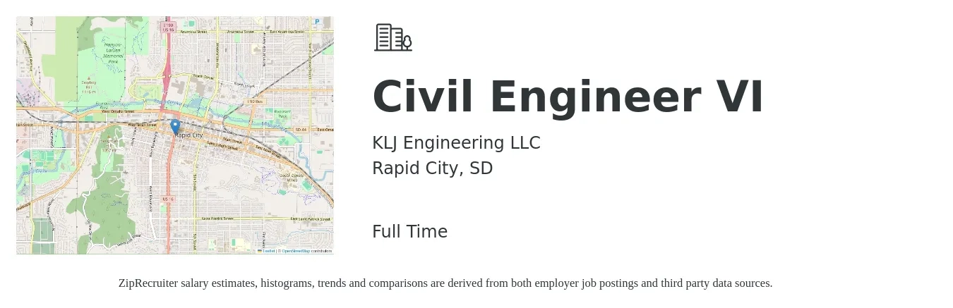KLJ Engineering LLC job posting for a Civil Engineer VI in Rapid City, SD with a salary of $66,600 to $97,200 Yearly with a map of Rapid City location.