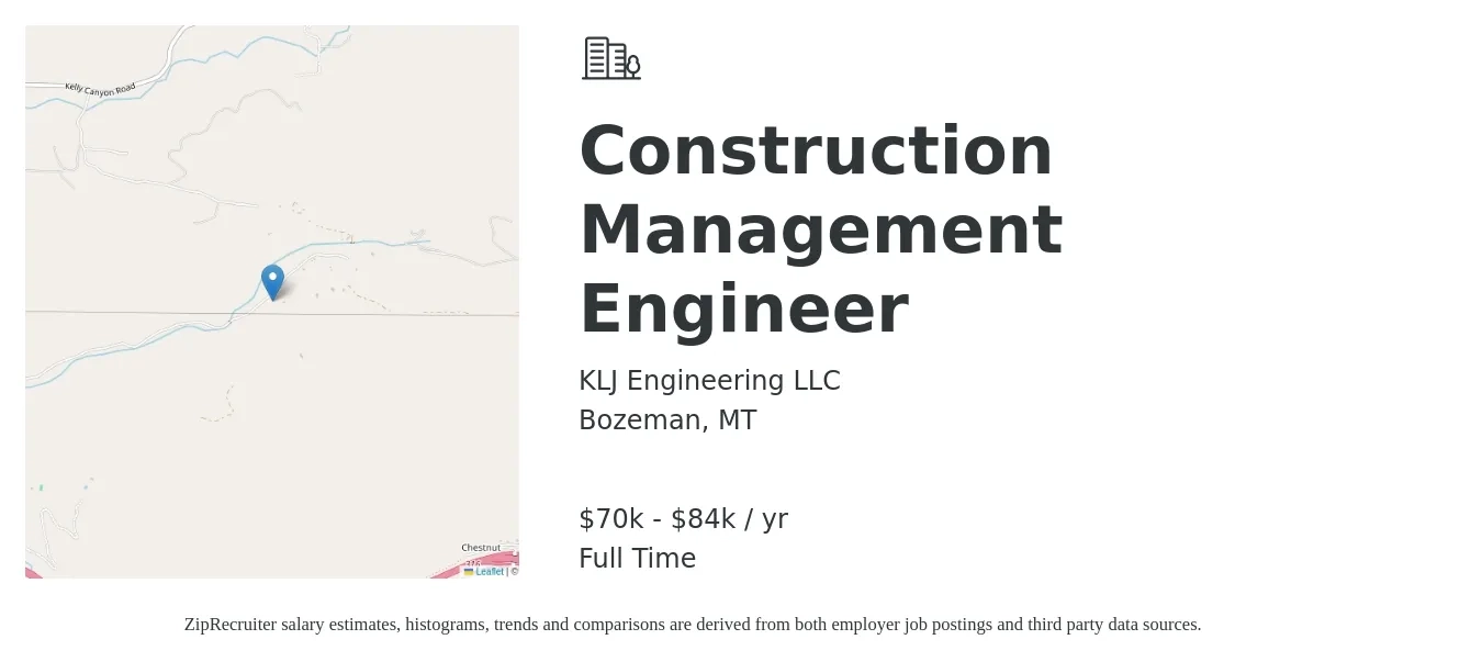 KLJ Engineering LLC job posting for a Construction Management Engineer in Bozeman, MT with a salary of $70,000 to $84,000 Yearly with a map of Bozeman location.