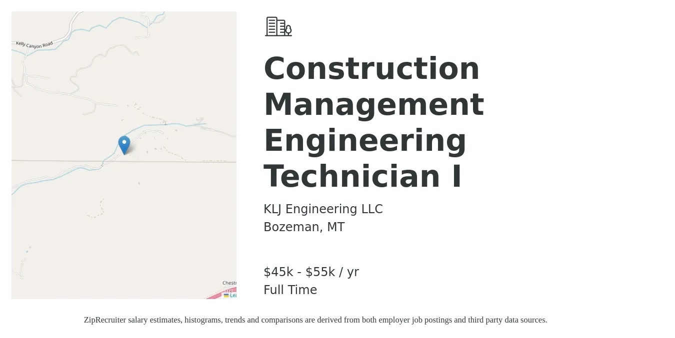 KLJ Engineering LLC job posting for a Construction Management Engineering Technician I in Bozeman, MT with a salary of $45,000 to $55,000 Yearly with a map of Bozeman location.