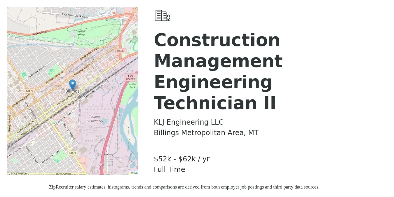 KLJ Engineering LLC job posting for a Construction Management Engineering Technician II in Billings Metropolitan Area, MT with a salary of $52,110 to $62,790 Yearly with a map of Billings Metropolitan Area location.