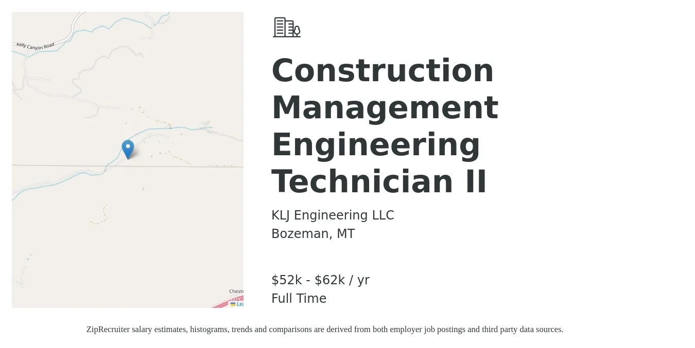 KLJ Engineering LLC job posting for a Construction Management Engineering Technician II in Bozeman, MT with a salary of $52,110 to $62,790 Yearly with a map of Bozeman location.