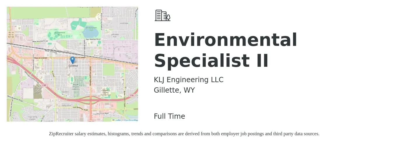 KLJ Engineering LLC job posting for a Environmental Specialist II in Gillette, WY with a salary of $38,300 to $64,300 Yearly with a map of Gillette location.
