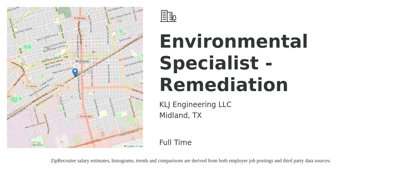 KLJ Engineering LLC job posting for a Environmental Specialist - Remediation in Midland, TX with a salary of $41,100 to $68,900 Yearly with a map of Midland location.