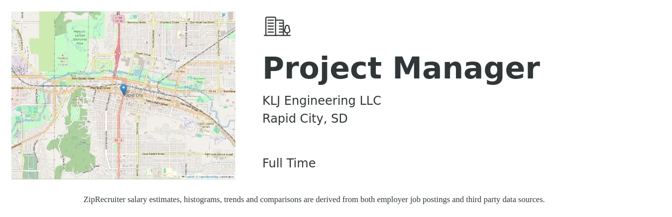 KLJ Engineering LLC job posting for a Project Manager in Rapid City, SD with a salary of $77,500 to $121,400 Yearly with a map of Rapid City location.