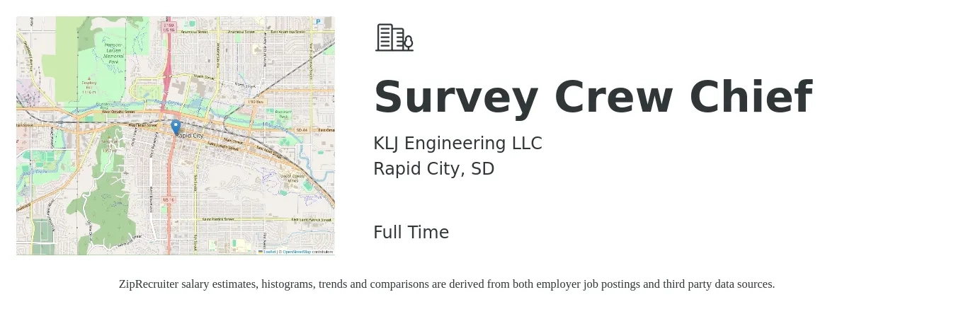 KLJ Engineering LLC job posting for a Survey Crew Chief in Rapid City, SD with a salary of $25 to $37 Hourly with a map of Rapid City location.