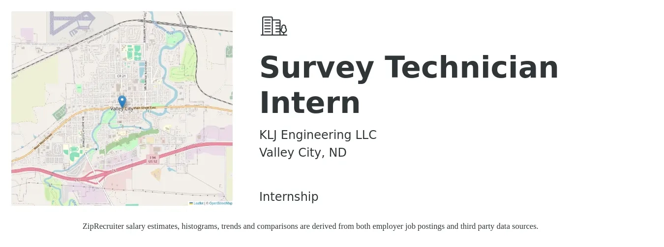KLJ Engineering LLC job posting for a Survey Technician Intern in Valley City, ND with a map of Valley City location.