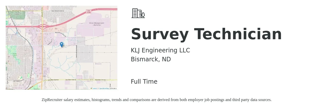 KLJ Engineering LLC job posting for a Survey Technician in Bismarck, ND with a salary of $35,700 to $53,500 Yearly with a map of Bismarck location.