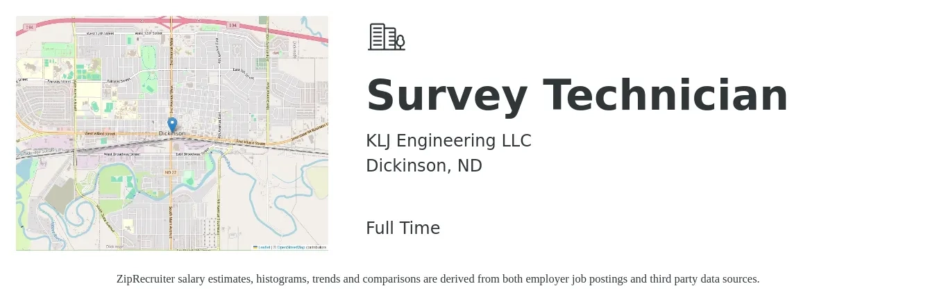 KLJ Engineering LLC job posting for a Survey Technician in Dickinson, ND with a salary of $37,000 to $55,500 Yearly with a map of Dickinson location.