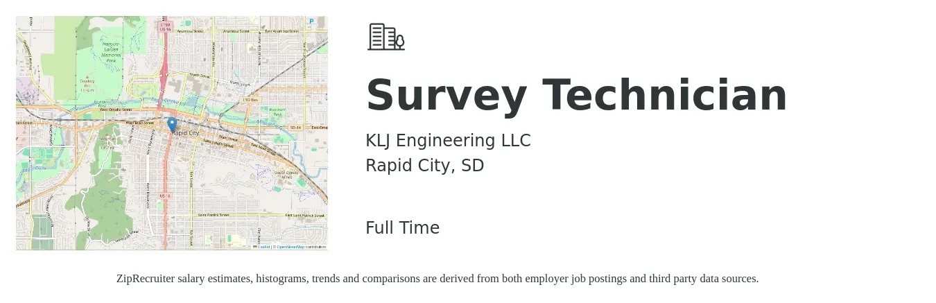 KLJ Engineering LLC job posting for a Survey Technician in Rapid City, SD with a salary of $38,500 to $57,800 Yearly with a map of Rapid City location.