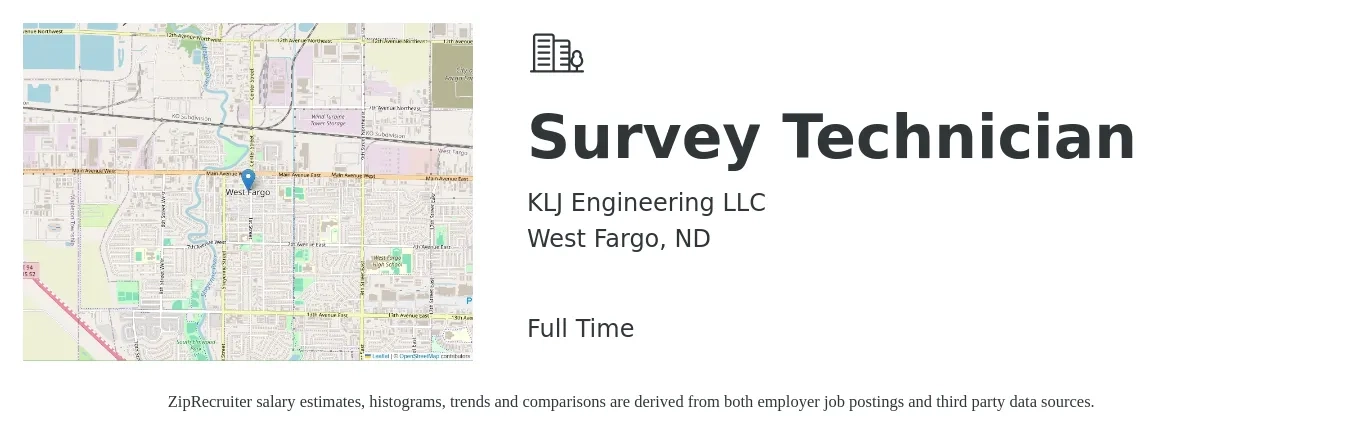 KLJ Engineering LLC job posting for a Survey Technician in West Fargo, ND with a salary of $37,900 to $56,900 Yearly with a map of West Fargo location.
