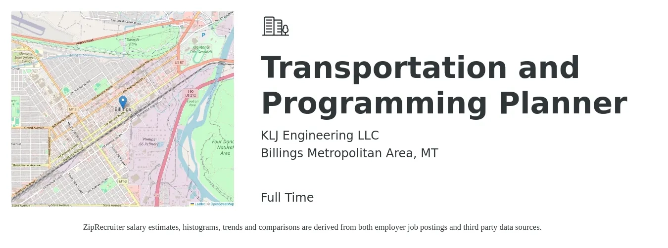 KLJ Engineering LLC job posting for a Transportation and Programming Planner in Billings Metropolitan Area, MT with a salary of $67,400 to $80,200 Yearly with a map of Billings Metropolitan Area location.