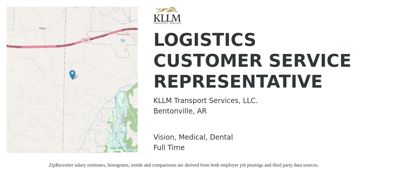 KLLM Transport Services, LLC. job posting for a LOGISTICS CUSTOMER SERVICE REPRESENTATIVE in Bentonville, AR with a salary of $14 to $19 Hourly and benefits including medical, retirement, vision, dental, and life_insurance with a map of Bentonville location.