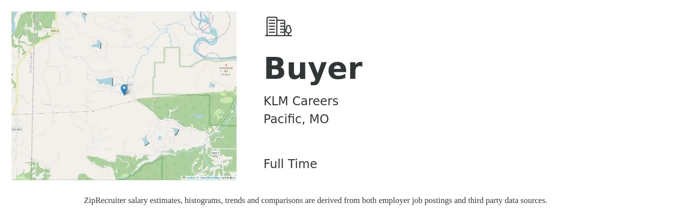 KLM Careers job posting for a Buyer in Pacific, MO with a salary of $51,700 to $74,300 Yearly with a map of Pacific location.
