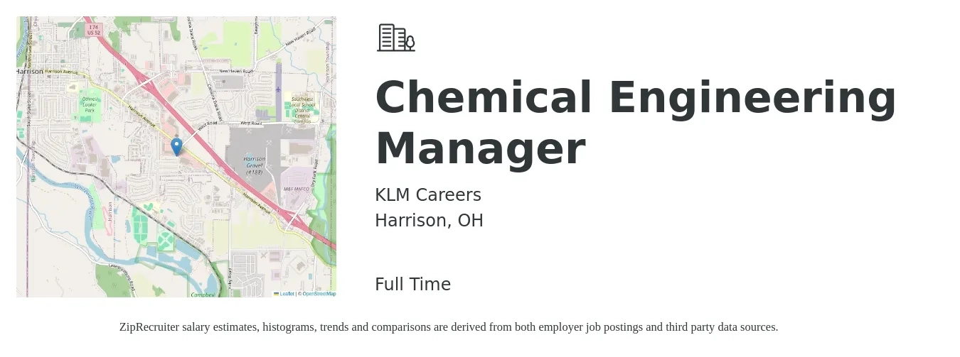 KLM Careers job posting for a Chemical Engineering Manager in Harrison, OH with a salary of $64,000 to $101,000 Yearly with a map of Harrison location.