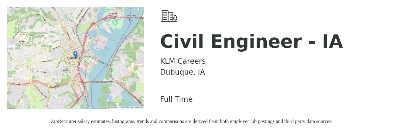 KLM Careers job posting for a Civil Engineer - IA in Dubuque, IA with a salary of $63,700 to $92,900 Yearly with a map of Dubuque location.