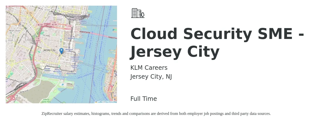 KLM Careers job posting for a Cloud Security SME - Jersey City in Jersey City, NJ with a salary of $68 to $91 Hourly with a map of Jersey City location.