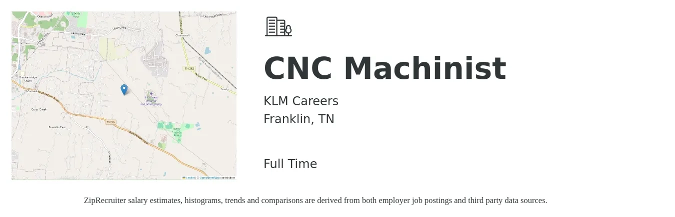 KLM Careers job posting for a CNC Machinist in Franklin, TN with a salary of $20 to $28 Hourly with a map of Franklin location.