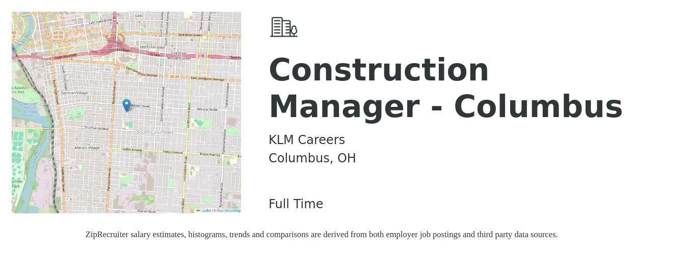 KLM Careers job posting for a Construction Manager - Columbus in Columbus, OH with a salary of $68,600 to $111,600 Yearly with a map of Columbus location.