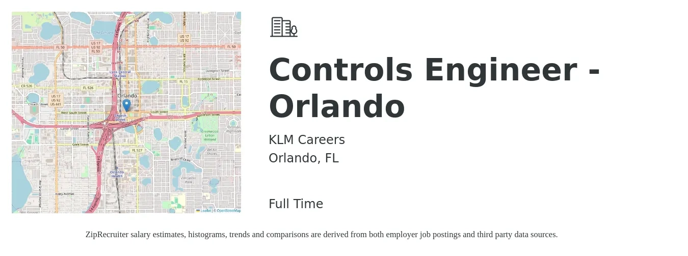KLM Careers job posting for a Controls Engineer - Orlando in Orlando, FL with a salary of $77,900 to $100,800 Yearly with a map of Orlando location.