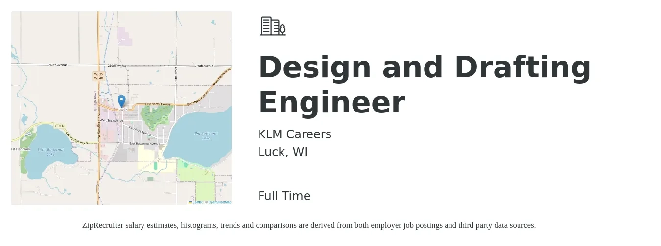 KLM Careers job posting for a Design and Drafting Engineer in Luck, WI with a salary of $60,600 to $87,800 Yearly with a map of Luck location.