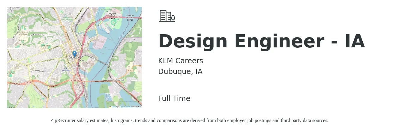 KLM Careers job posting for a Design Engineer - IA in Dubuque, IA with a salary of $64,100 to $92,900 Yearly with a map of Dubuque location.