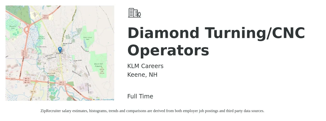 KLM Careers job posting for a Diamond Turning/CNC Operators in Keene, NH with a salary of $20 to $28 Hourly with a map of Keene location.