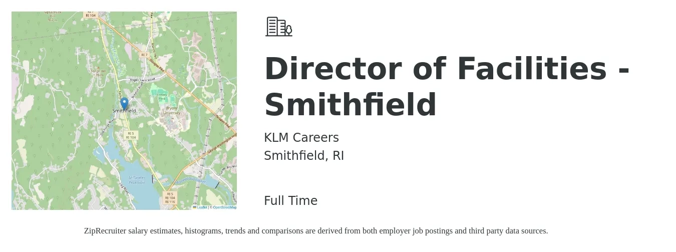 KLM Careers job posting for a Director of Facilities - Smithfield in Smithfield, RI with a salary of $88,400 to $194,100 Yearly with a map of Smithfield location.