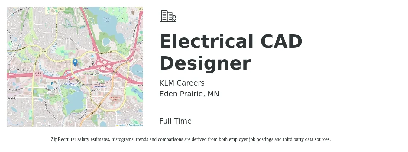 KLM Careers job posting for a Electrical CAD Designer in Eden Prairie, MN with a salary of $34 to $51 Hourly with a map of Eden Prairie location.