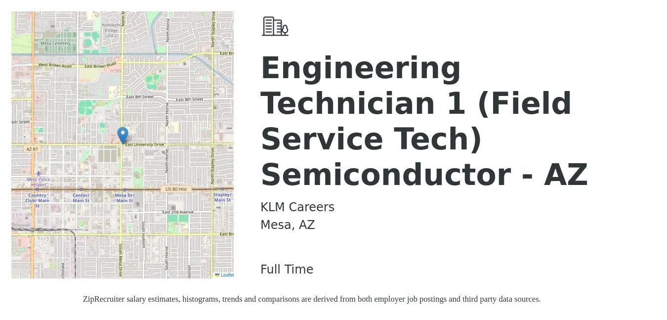 KLM Careers job posting for a Engineering Technician 1 (Field Service Tech) Semiconductor - AZ in Mesa, AZ with a salary of $20 to $30 Hourly with a map of Mesa location.