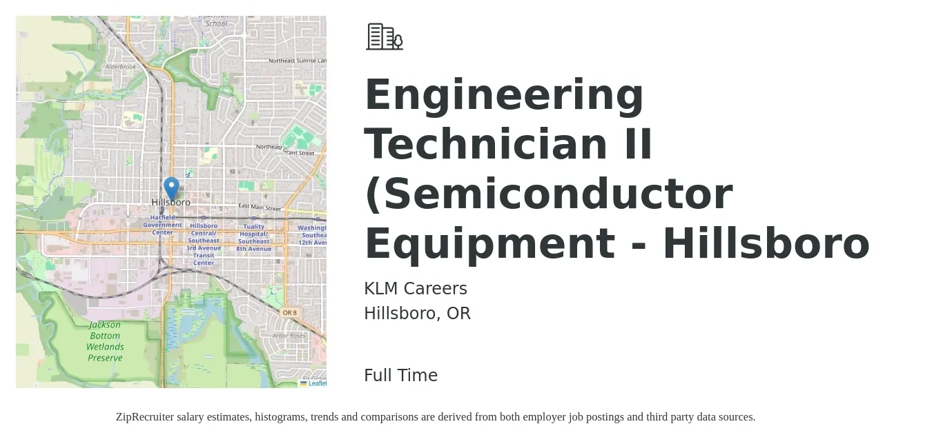KLM Careers job posting for a Engineering Technician II (Semiconductor Equipment - Hillsboro in Hillsboro, OR with a salary of $68,600 Yearly with a map of Hillsboro location.