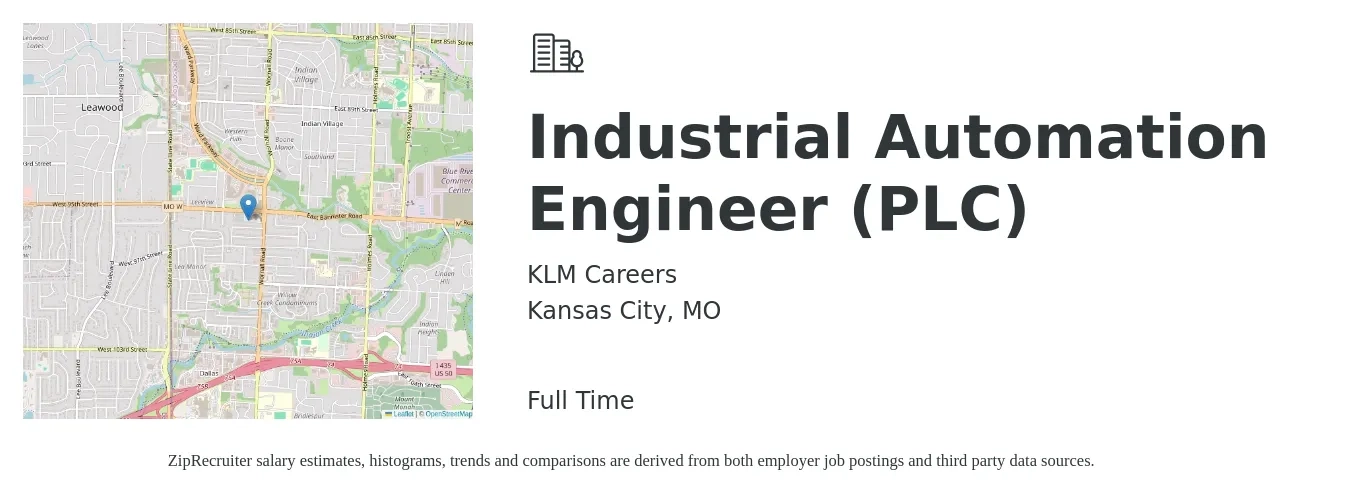 KLM Careers job posting for a Industrial Automation Engineer (PLC) in Kansas City, MO with a salary of $77,100 to $109,800 Yearly with a map of Kansas City location.