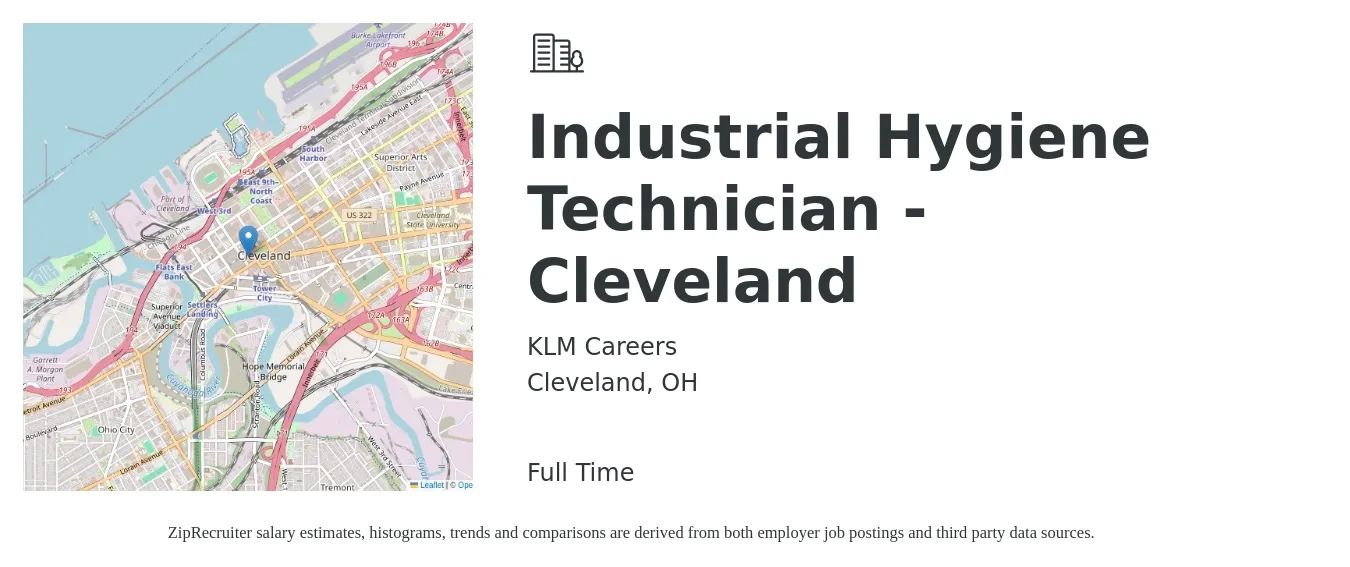 KLM Careers job posting for a Industrial Hygiene Technician - Cleveland in Cleveland, OH with a salary of $45,600 to $61,600 Yearly with a map of Cleveland location.