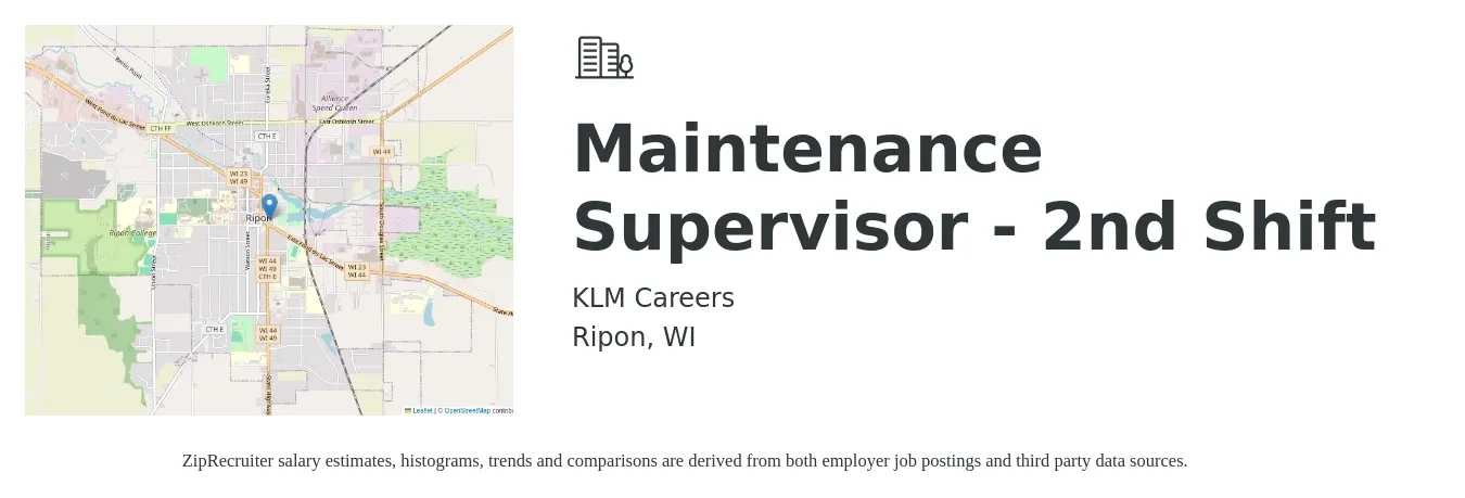 KLM Careers job posting for a Maintenance Supervisor - 2nd Shift in Ripon, WI with a salary of $24 to $40 Hourly with a map of Ripon location.