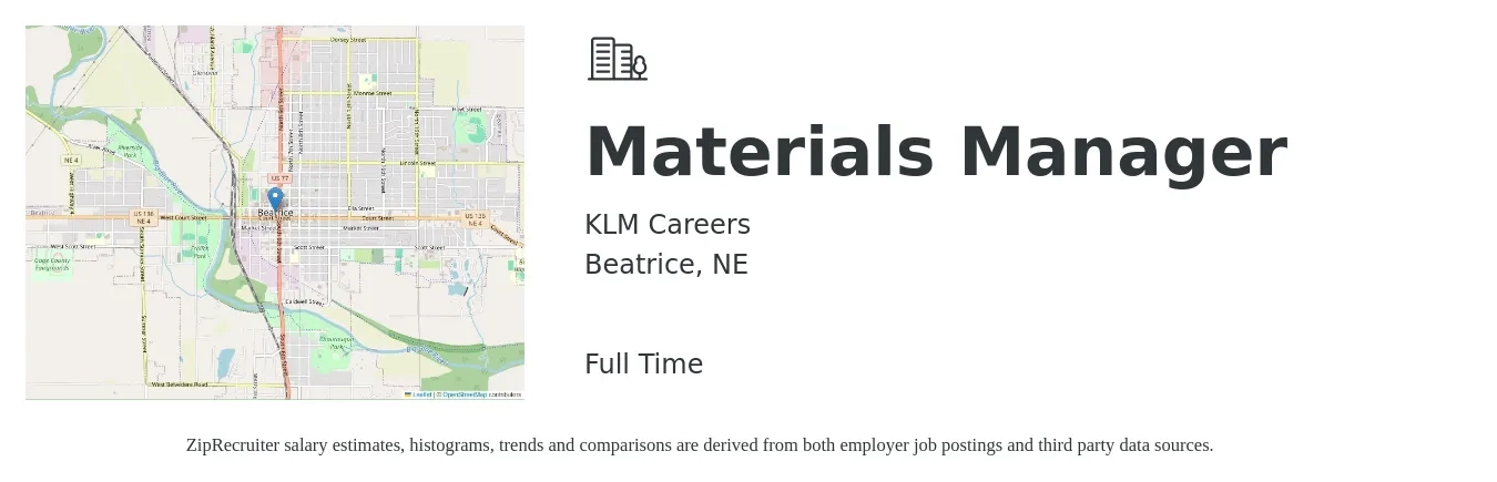 KLM Careers job posting for a Materials Manager in Beatrice, NE with a salary of $61,100 to $100,000 Yearly with a map of Beatrice location.